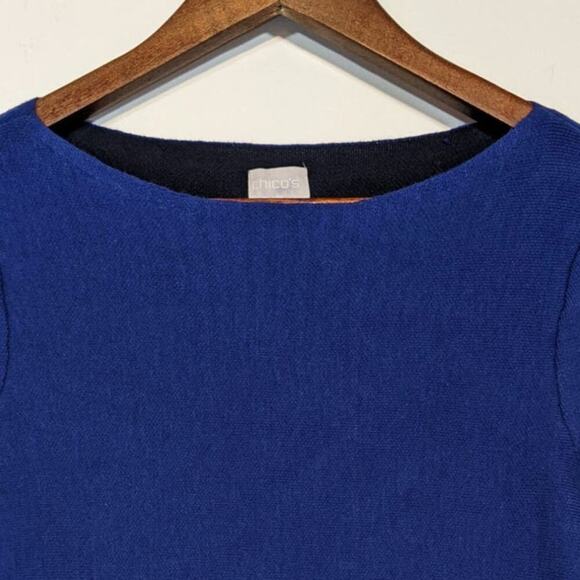 Chicos Blue Knit Tunic Sweater Raw Hem Boho Lagenlook Minimalist Artsy Small - Picture 5 of 10